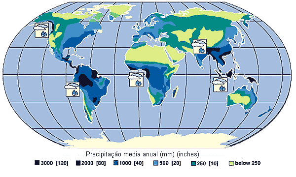 Mapa mundi mostrando a media anual de precipitação.