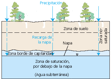 Dibujo mostrando como el agua se infiltra en el suelo, para ser almacenada en los acuíferos. 