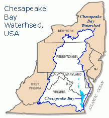 Map of the northeastern United States showing an outline of the Chesapeake Bay watershed, which drains into the Atlantic Ocean. 