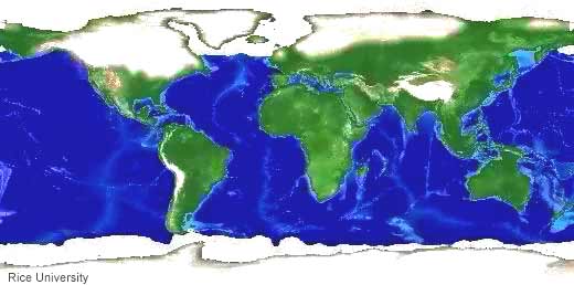 Map of the world showing the extent of glaciers about 18,000 years ago. 
