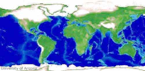 Mapa mundi mostrando onde as geleiras existiram cerca de 20.000 anos atrás. 