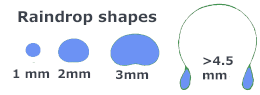 Image of raindrops at about different sizes - shaped like a hamburger bun at 3 millimeters. 