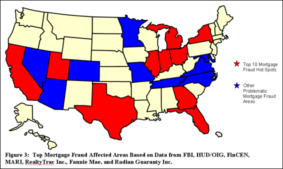 Map of the U.S. showing mortgage fraud hots spots, and other problematic mortgage fraud areas.