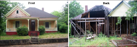 Front of a house shown with basic façade, and  back of house shown with rear walls destroyed.