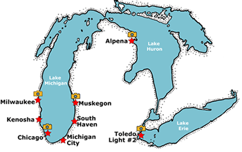 Great Lakes with locations of meteorological stations depicted