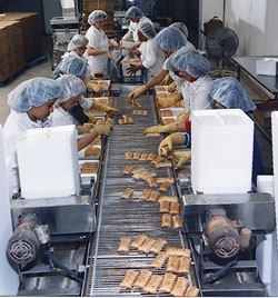Bama employees working hand-held pie line.
