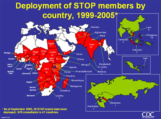 map of previous STOP Team assignments by country