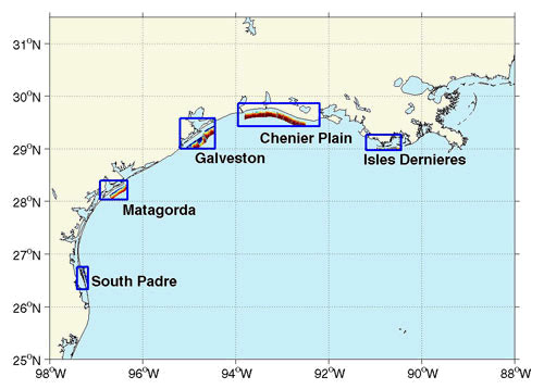 Five focus regions for pre-storm analysis of coastal change due to Hurricane Ike are shown in the map above