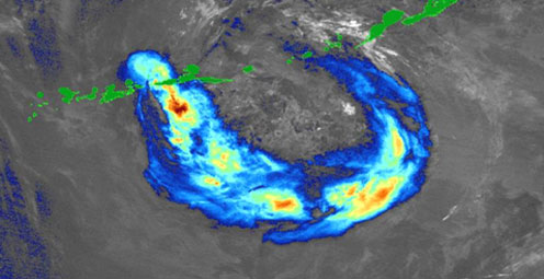 Satellite image showing area of ash dispersed by stratospheric winds - story details below