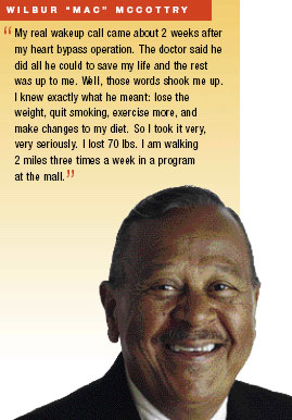 W I L B U R “ M A C ” M C C O T T R Y: My real wakeup call came about 2 weeks after
my heart bypass operation. The doctor said he
did all he could to save my life and the rest
was up to me. We l l , those words shook me up.
I knew exactly what he meant: lose the
weight, quit smoking, exercise more, and
make changes to my diet. So I took it very,
very seriously. I lost 70 lbs. I am walking
2 miles three times a week in a program
at the mall.