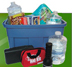 Emergency kit including water, flashlight, batteries, first aid kit and other items.
