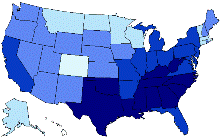 United States map showing Age-Standardized Prevalence of Diagnosed Diabetes per 100 Adult Population by State, United States, 2004. Links for data figures, sources, methodology and data limitations, and detailed tables follow this figure.