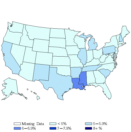 Map showing Age-Adjusted Prevalence of Diagnosed Diabetes per 100 Adult  Population, by State, United States, 1994. Links for data figures, sources, methodology and data limitations, and detailed tables follow this figure.