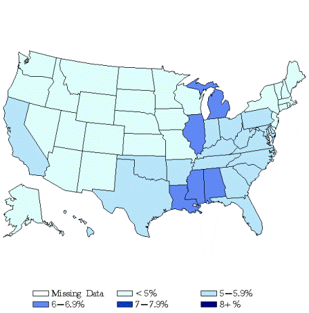 Map showing Age-Adjusted Prevalence of Diagnosed Diabetes per 100 Adult Population, by State, United States, 1997. Links for data figures, sources, methodology and data limitations, and detailed tables follow this figure.