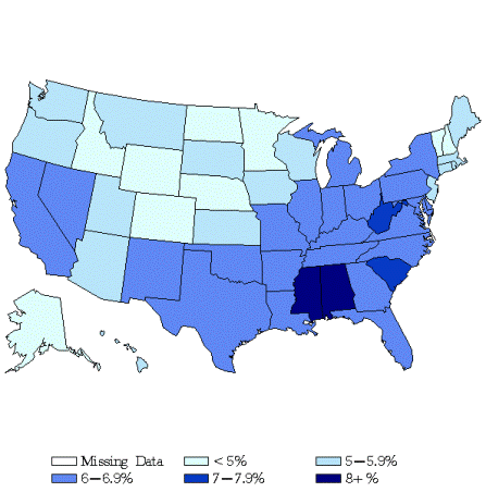 Map showing Age-Adjusted Prevalence of Diagnosed Diabetes per 100 Adult Population, by State, United States, 2000. Links for data figures, sources, methodology and data limitations, and detailed tables follow this figure.