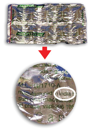 package of drugs with a circle and arrow highlighting the word "india".
