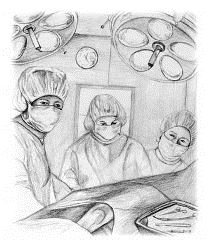 Illustration of medical staff in an operating room performing a knee replacement