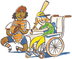 A girl in a wheel chair playing baseball; and umpire behind her.