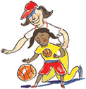 A woman and little girl playing basketball.
