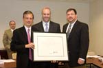 On September 19, 2007, the Corporation for National and Community Service welcomed three new members to it's Board of Directors.  The members, nominated by President, were confirmed by the Senate last June.  Jim Palmer of Tustin, CA, has been president of Orange County Rescue Mission since 1992. The Mission, which served 35,000 homeless men, women, and children, is the largest non-profit, faith-based organization in Orange County. Palmer received the Spotlight on Volunteer Award from Governor Schwarzenegger’s Office on Service and Volunteerism.  Pictured with Mr. Hill are Board Chair Stephen Goldsmith (L) and Corporation CEO David Eisner (R).