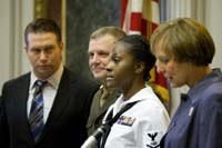 USA Freedom Corps Director Henry Lozano honored U.S. Navy Petty Officer First Class Haneefah Collins on May 16, 2008 with the President’s Volunteer Service Award during a White House ceremony, recognizing her outstanding service to others in need. Joined by General James Cartwright, Vice Chairman of the Joint Chiefs of Staff; Mary Jo Myers, member of the President’s Council on Service and Civic Participation and wife of General Richard Myers; and actor Stephen Baldwin, Director Lozano thanked the awardees from all branches of the military for their service to causes greater than self.