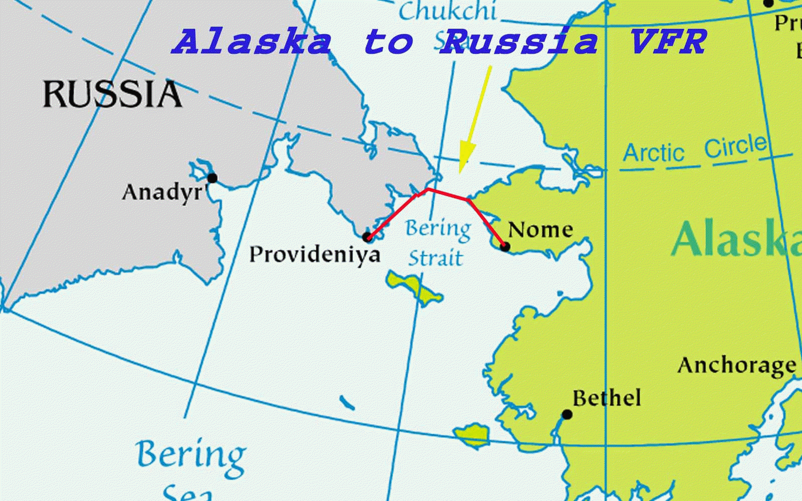 Alaska Rusian Far East map showing VFR route