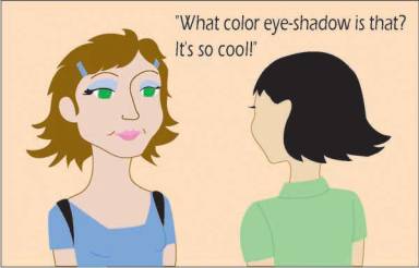 Two girls talking about eyeshadow