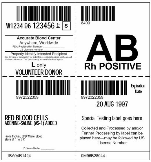 Example of AB positive label with bar codes