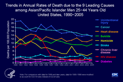 Slide #26 - Title:
Trends in Annual Rates of Death due to the 9 Leading Causes among Asian/Pacific Islander Men 25−44 Years Old United States, 1990−2005

Among Asian/Pacific Islander men 25 to 44 years of age, the rate of death due to HIV disease peaked in 1994, when HIV was the 4th leading cause, accounting for more than 200 deaths, or 13% of all deaths in this demographic group. The rate of death due to HIV dropped rapidly in 1996 and 1997, and more slowly from 1998 through 2005.  In 2005, HIV was the 8th leading cause of death, accounting for 34 deaths, or 2% of all deaths in this group.

[Technical Notes: For the calculation of national death rates by race and ethnicity, data for a few states were excluded for the years when death certificates for those states did not collect information on Hispanic ethnicity. The states for which data were omitted were: Connecticut and Louisiana in 1990, New Hampshire through 1992, and Oklahoma through 1996.] 