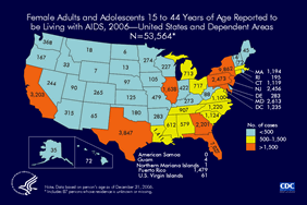 Slide 9: Female Adults and Adolescents 15 to 44 Years of Age Reported to
be Living with AIDS, 2006—United States and Dependent Areas
N=53,564*

In 2006, there were 53,564 female adults and adolescents 15 to 44 years of age reported to be living with AIDS in the United States and dependent areas.

These women are of childbearing age and in the years of highest fertility.

In most states with HIV surveillance, the number of reported HIV infected female adults and adolescents who have not progressed to AIDS exceeds the number of female adults and adolescents with AIDS (see slide 8). Together these numbers indicate the burden of HIV and the number of persons in need of HIV-related medical and social services for themselves and to prevent transmission of HIV to their children. States with integrated HIV and AIDS surveillance data may be better able to target programs and services to reduce transmission to newborns.