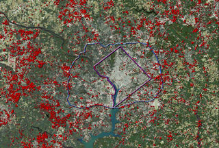 Using Landsat data to study Urban Sprawl in Washington, D.C.  Red dots indicate areas of urban growth.