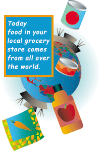 Various packaged foods, an image of the earth and the
text: Today food in your local grocery store comes from all over the world.
