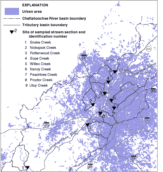 (Map of Atlanta showing urban area and
sampling locations.)