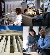 four images, one of woman in a lab, one of a building, one of people having a meeting, and one of a building