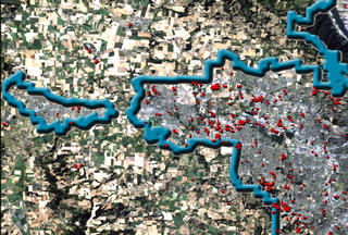 The Beaverton area of Portland, Oregon.  Red dots indicate areas of growth.