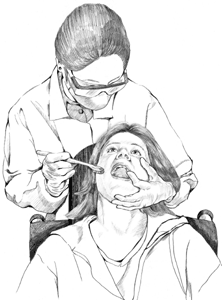 Clinician standing behind a patient, cradling the patient's head while resting her hand around the patient's mandible.  The clinician is using a transfer board.