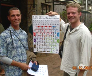 Peace Corps Volunteers Frank Lester (lft) and Sam Roberts display a poster showing the new Kenyan standardized sign language.