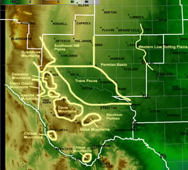 topographic map of west Texas and southeastern New Mexico