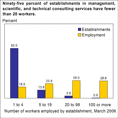 Ninety-five percent of establishments in management, scientific, and technical consulting services have fewer than 20 workers.