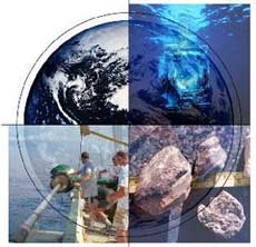 Photo collage of satellite image of the earth, hydrates, drilling ship, and an underwater dive