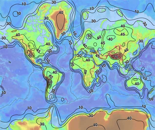 A Contour Map of the World's Crustal Thickness