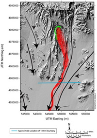 Los Alamos model of flow paths through the aquifer beneath Yucca Mountain, based on water level measurements, hydrogeologic characterization, geochemistry, and advanced groundwater modeling techniques.