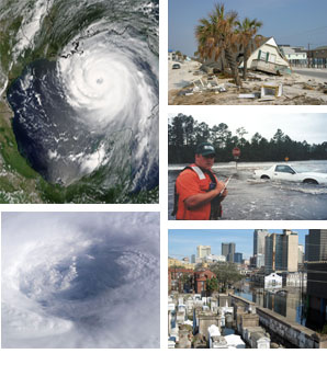 collage of hurricane pictures:  scientist taking water samples, rescue operations, and command station.