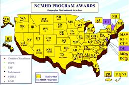 Map of states, District of Columbia and territories participating in various NCMHD programs; all but Delaware and Vermont are active in some or all programs.