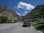 USGS Minivib III seismic source truck along roadway at mouth of Rock Canyon in Provo, Utah