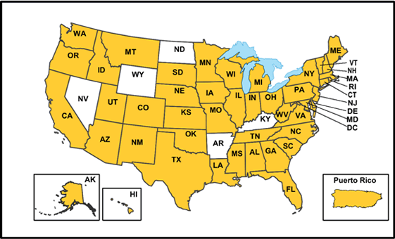 This map represents the forty-five states plus the District of Columbia and Puerto Rico that have entered into cooperative agreements to implement the DOL-SSA jointly sponsored Disability Program Navigator demonstration initiative.