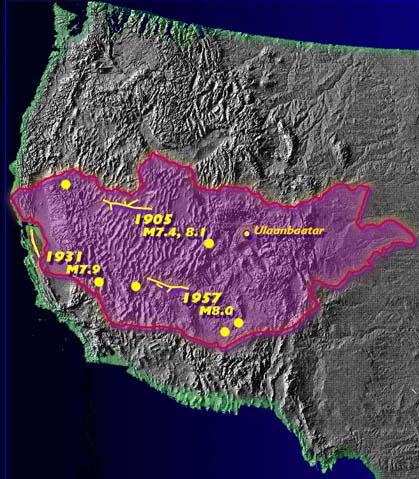 Outline of Mongolia superimposed on a shaded relief map of the western United States.