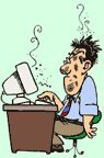 Image of man at a computer that has exploded