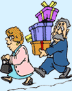 Image of man carrying gifts following a woman