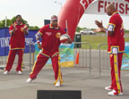 Photo of the Harlem Globetrotters demonstrating their basketball tricks